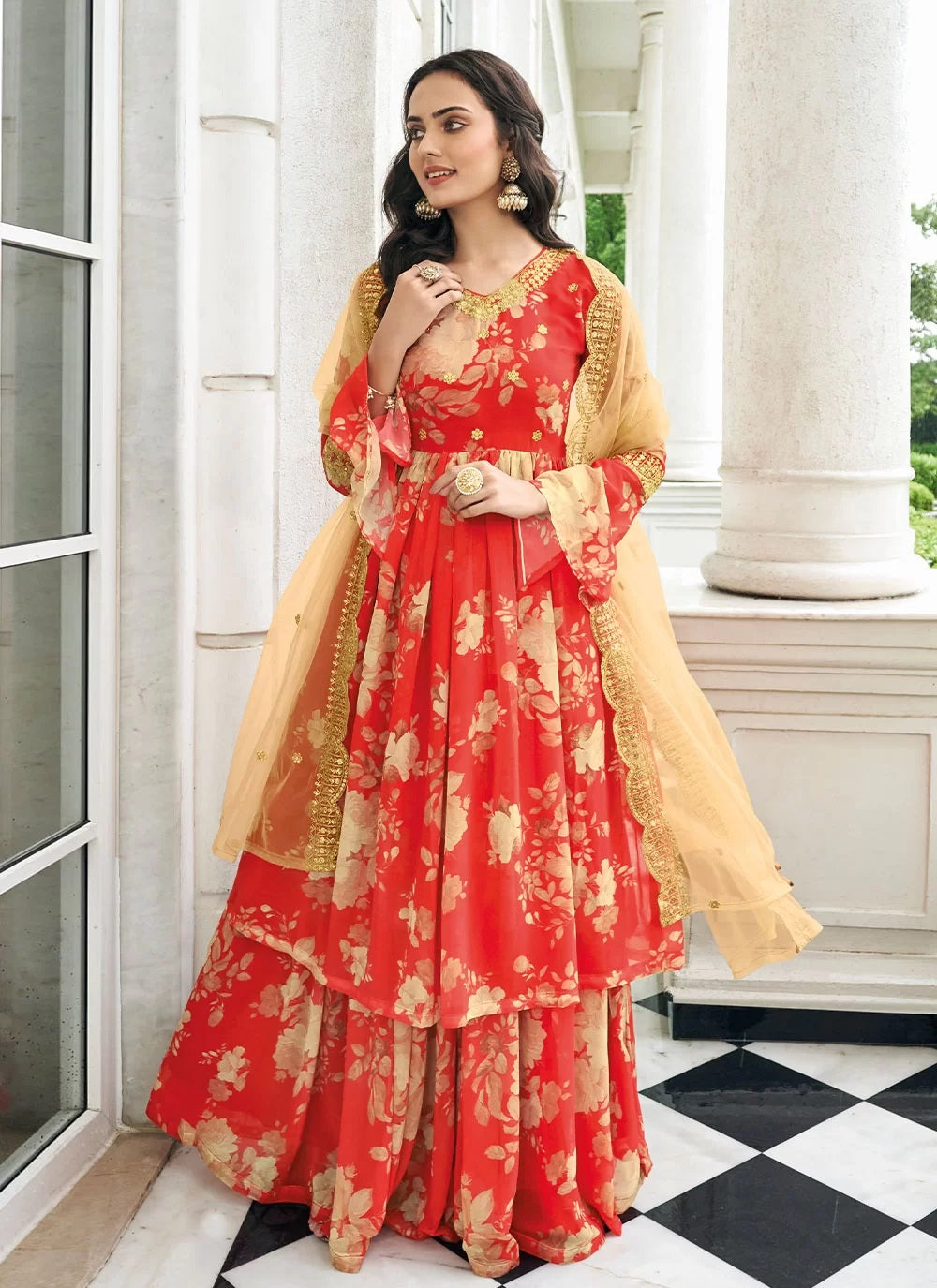 Red Faux Georgette Sharara Style Salwar Suit