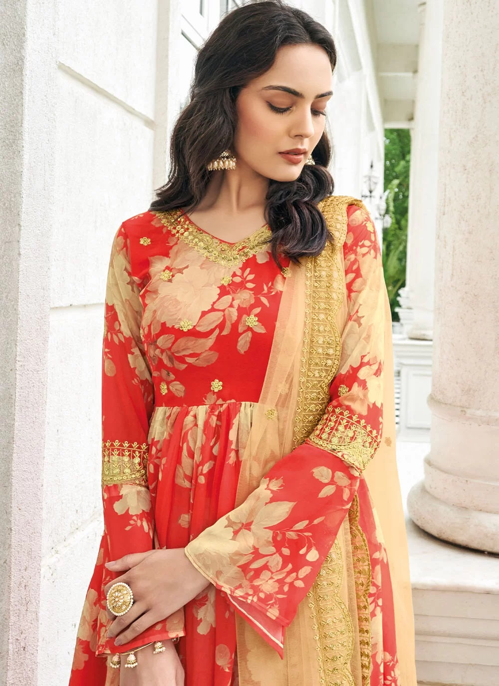 Red Faux Georgette Sharara Style Salwar Suit