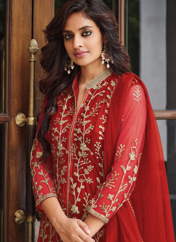 Red Net Sequence Embroidery Slit Style Indian Suit