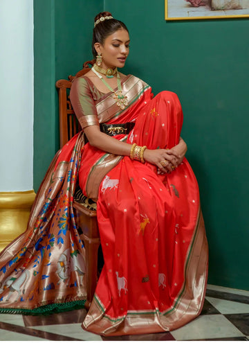 Red Woven Classic Indian Saree With Contrast Blouse