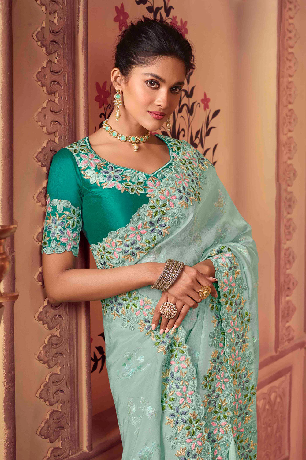 Resham and Zari Embroidered Viscose Saree with Banglory Silk Blouse