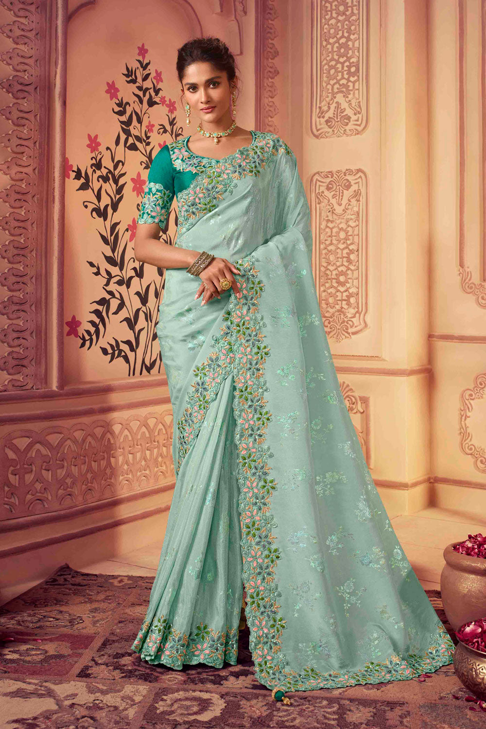 Resham and Zari Embroidered Viscose Saree with Banglory Silk Blouse