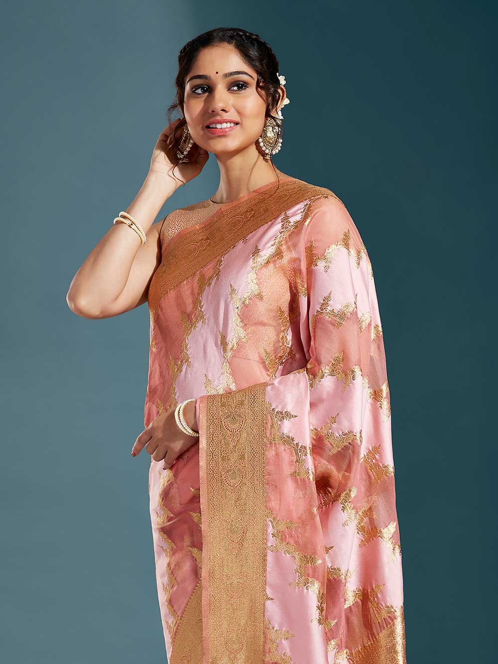 Rose Gold Paisley Zari Woven Banarasi Saree