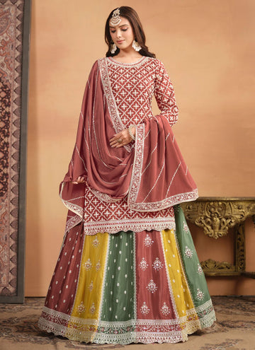 Rust Chinnon Ebroidered Indian Lehenga Style Dress