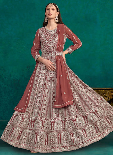 Rust Faux Georgette Lakhnavi embroidered Party Wear Anarkali Suit