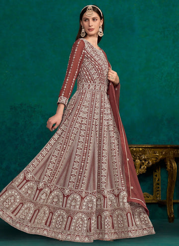 Rust Faux Georgette Lakhnavi embroidered Party Wear Anarkali Suit