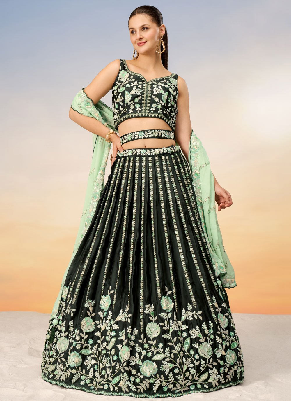 Green Satin Party Wear Indian Lehenga With Sequins and Thread Embroidery