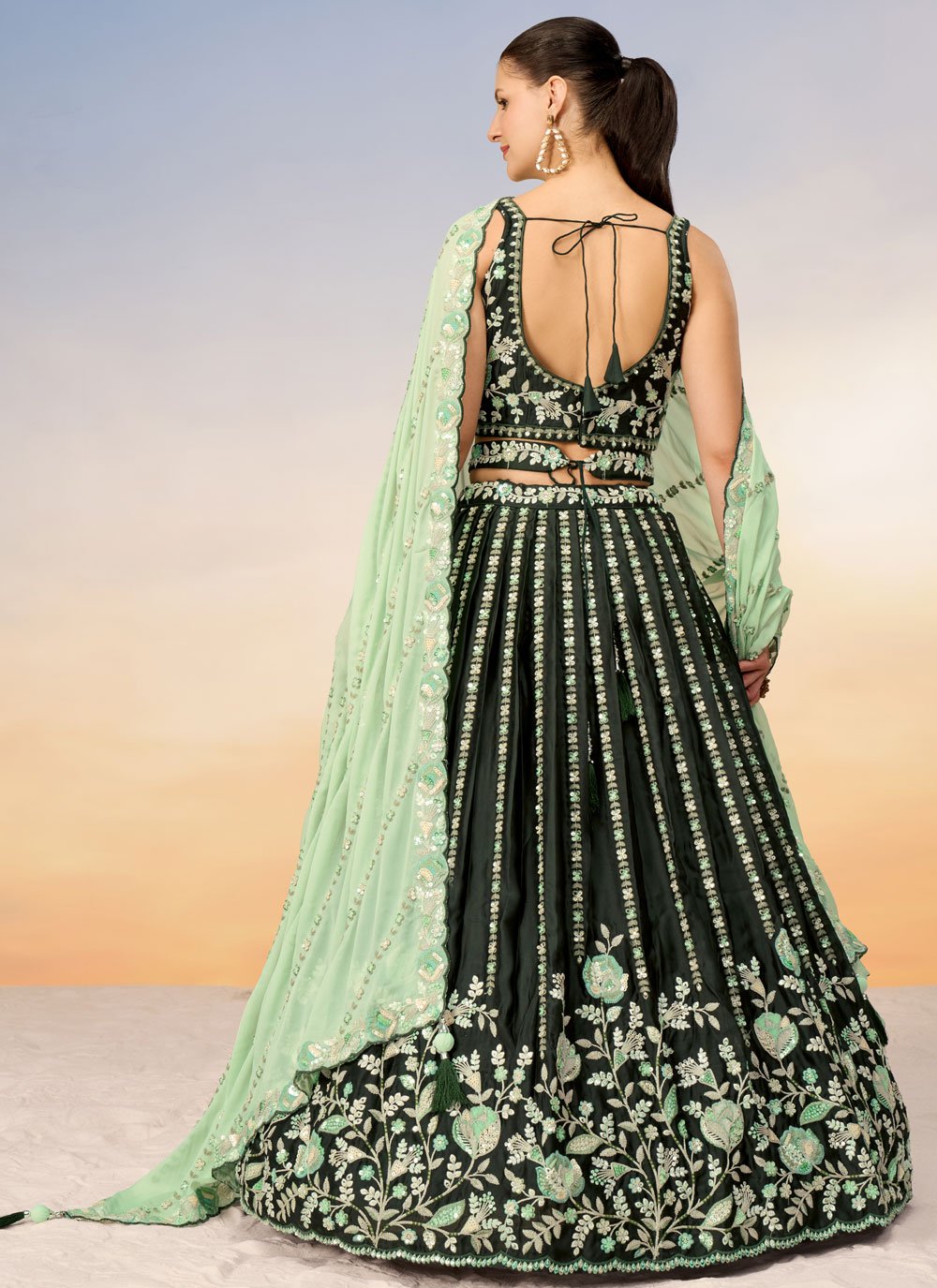 Green Satin Party Wear Indian Lehenga With Sequins and Thread Embroidery