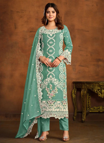 Sea Green Embroidered Work Organza Pant Style Suit