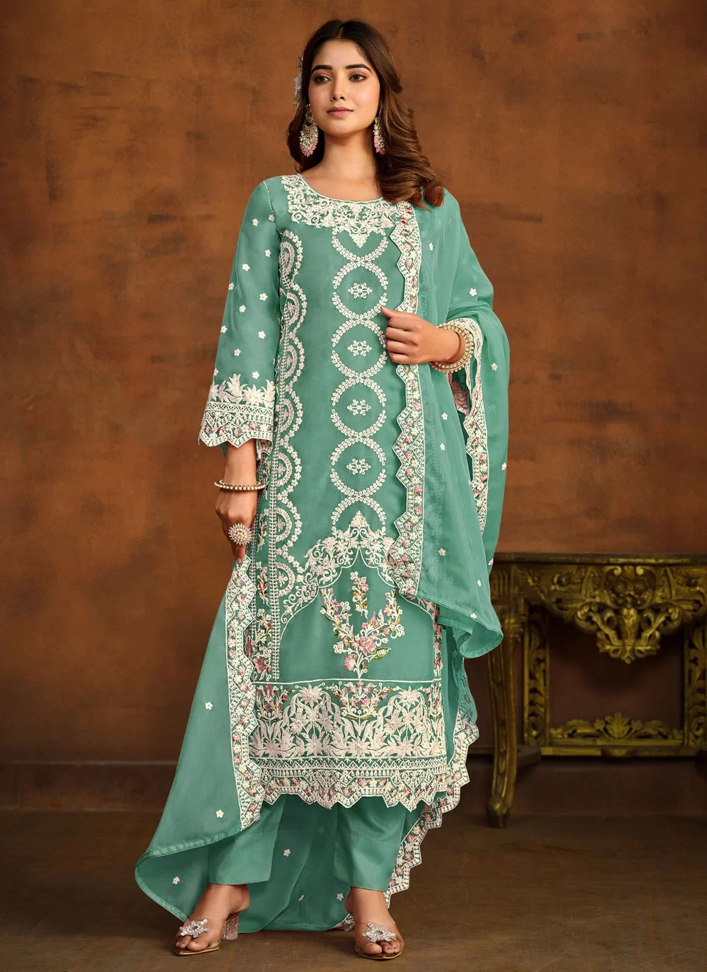 Sea Green Embroidered Work Organza Pant Style Suit