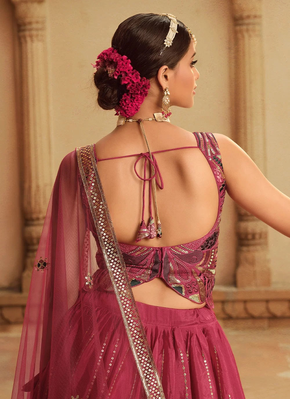 Silk Sequins Embroidered Indian Lehenga Choli In Pink 