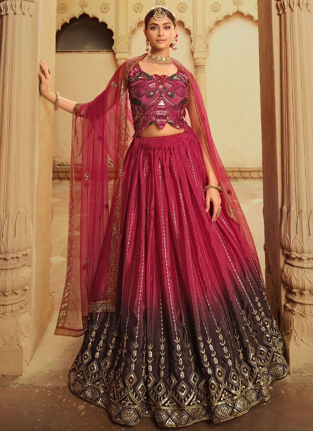 Silk Sequins Embroidered Indian Lehenga Choli In Pink 