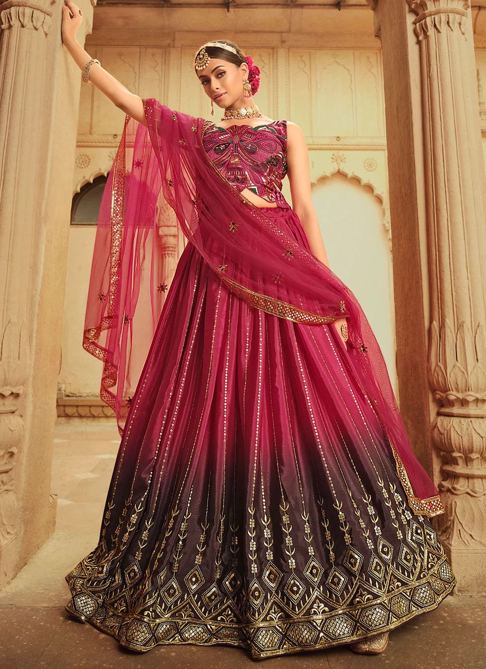 Silk Sequins Embroidered Indian Lehenga Choli In Pink 