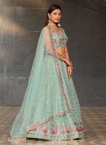 Sky Blue Georgette Sequins and Digital Printed Indian Lehenga