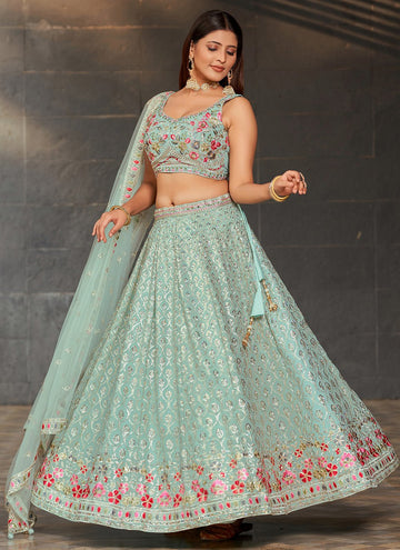 Sky Blue Georgette Sequins and Digital Printed Indian Lehenga