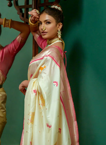 Soft Paithani Silk Indian Designer Saree In Cream