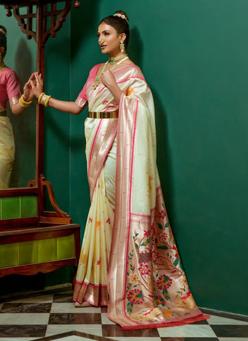 Soft Paithani Silk Indian Designer Saree In Cream