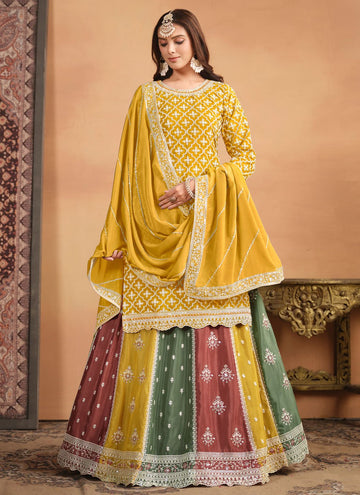 Yellow Chinnon Ebroidered Indian Lehenga Style Dress