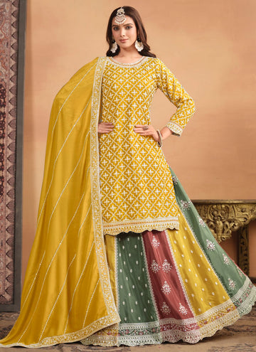 Yellow Chinnon Ebroidered Indian Lehenga Style Dress