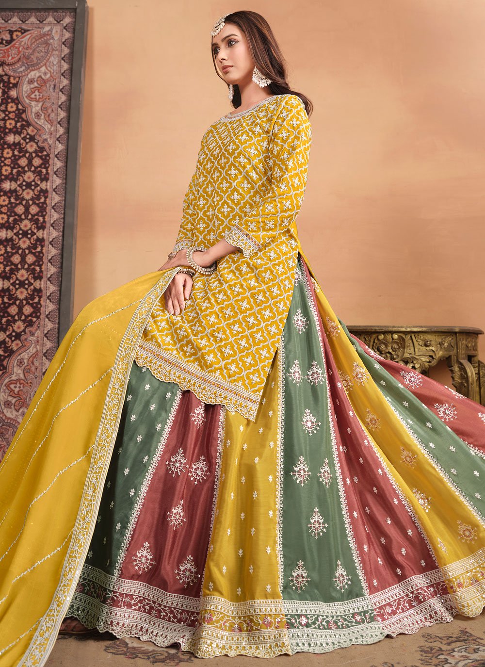 Yellow Chinnon Ebroidered Indian Lehenga Style Dress