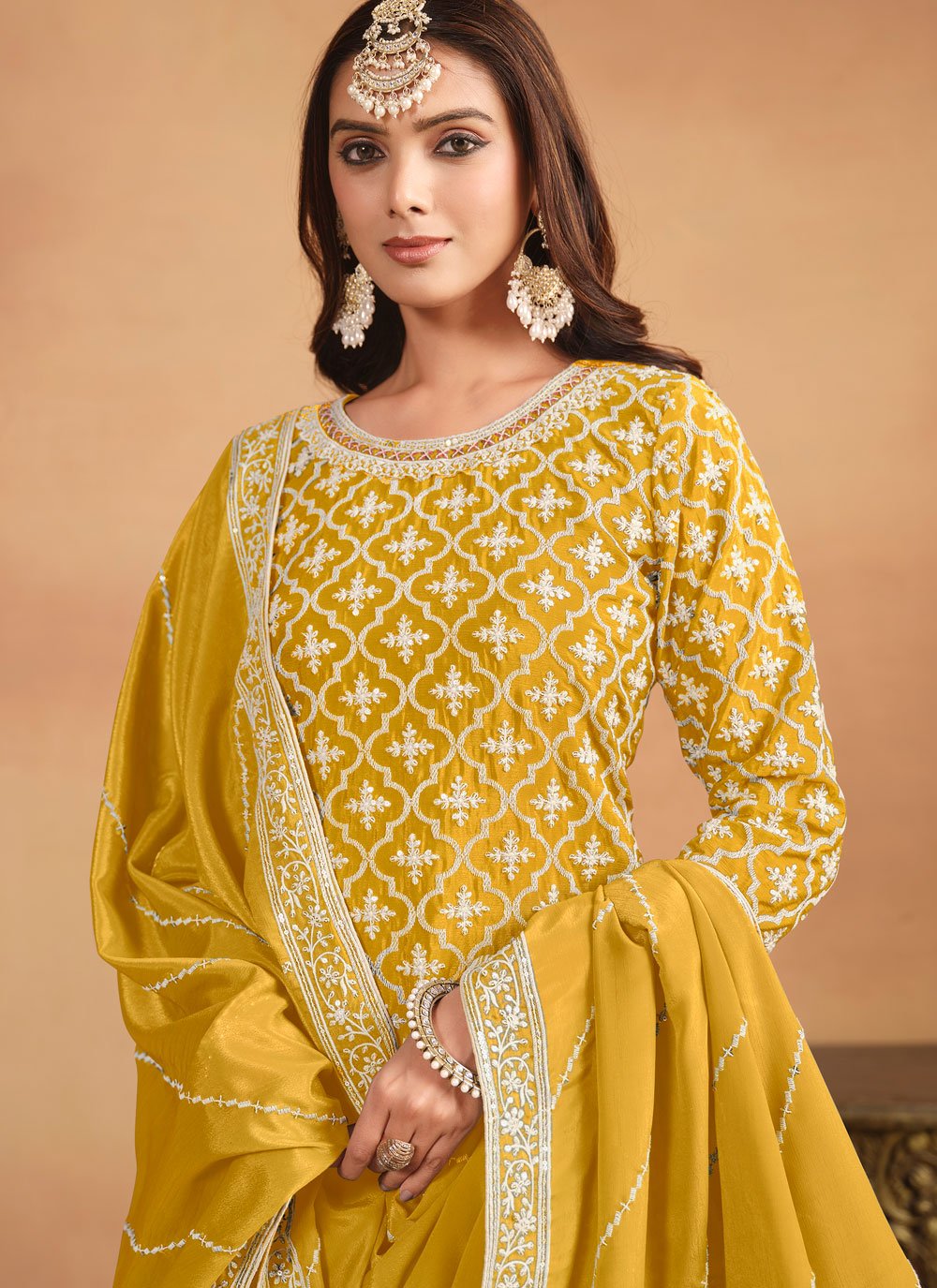 Yellow Chinnon Ebroidered Indian Lehenga Style Dress