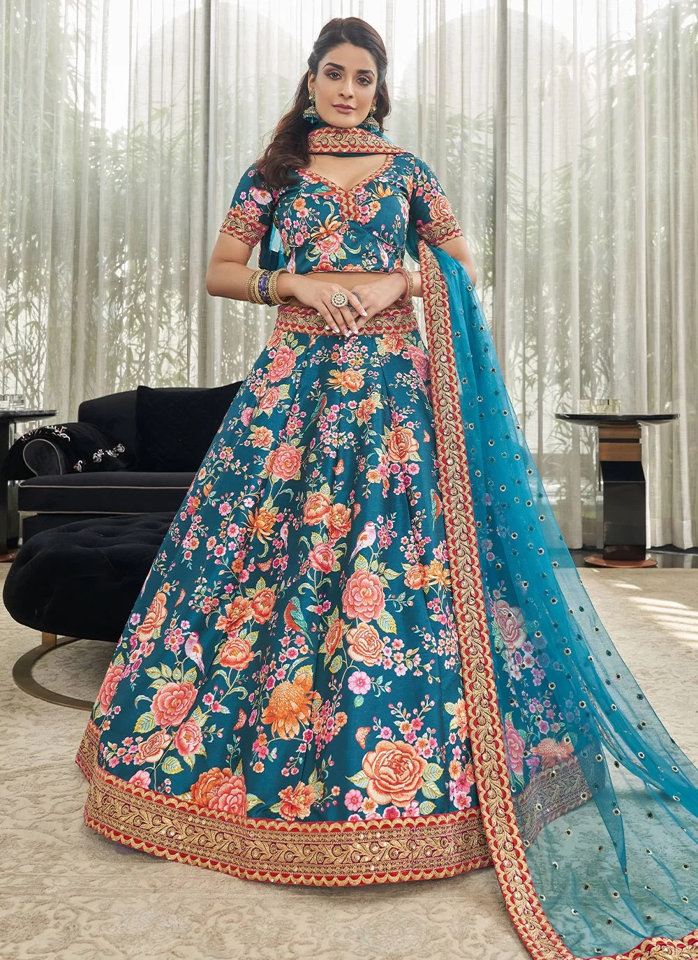 Teal Art Silk Digital Print Lehenga Choli