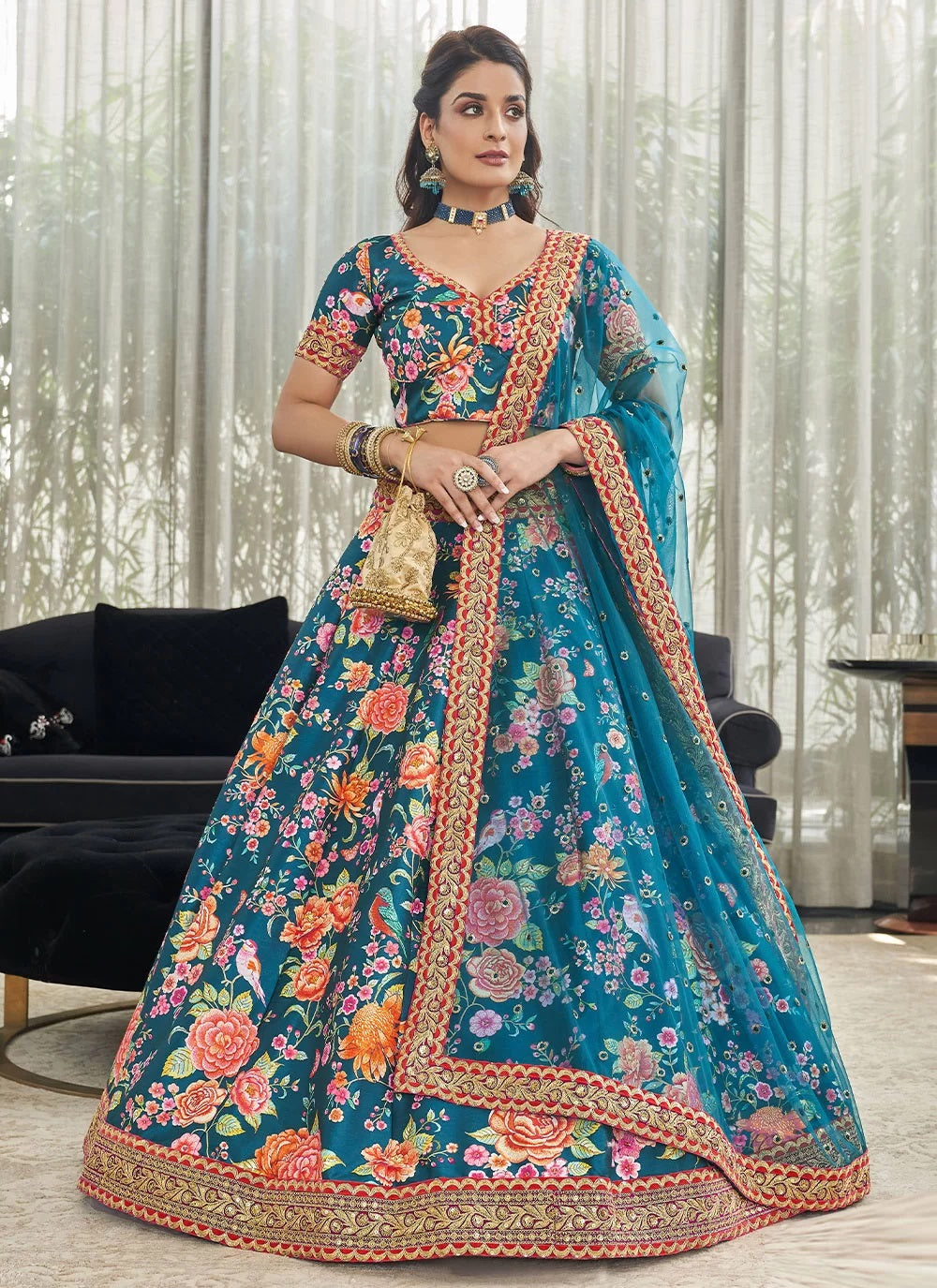 Teal Art Silk Digital Print Lehenga Choli