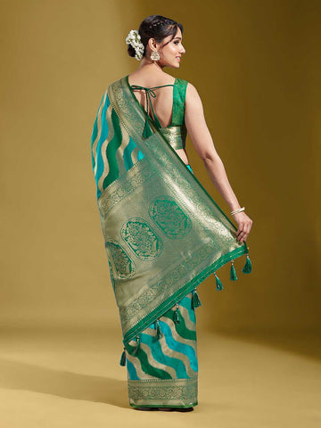 Teal-Blue & Golden Satin Paisley Zari Woven Banarasi Saree