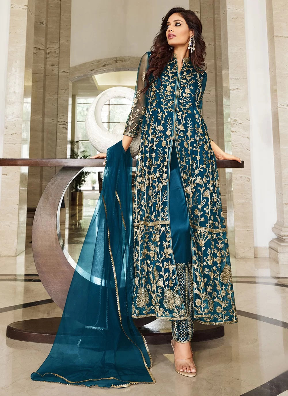 Teal Blue Net Embroidered Slit Style Suit