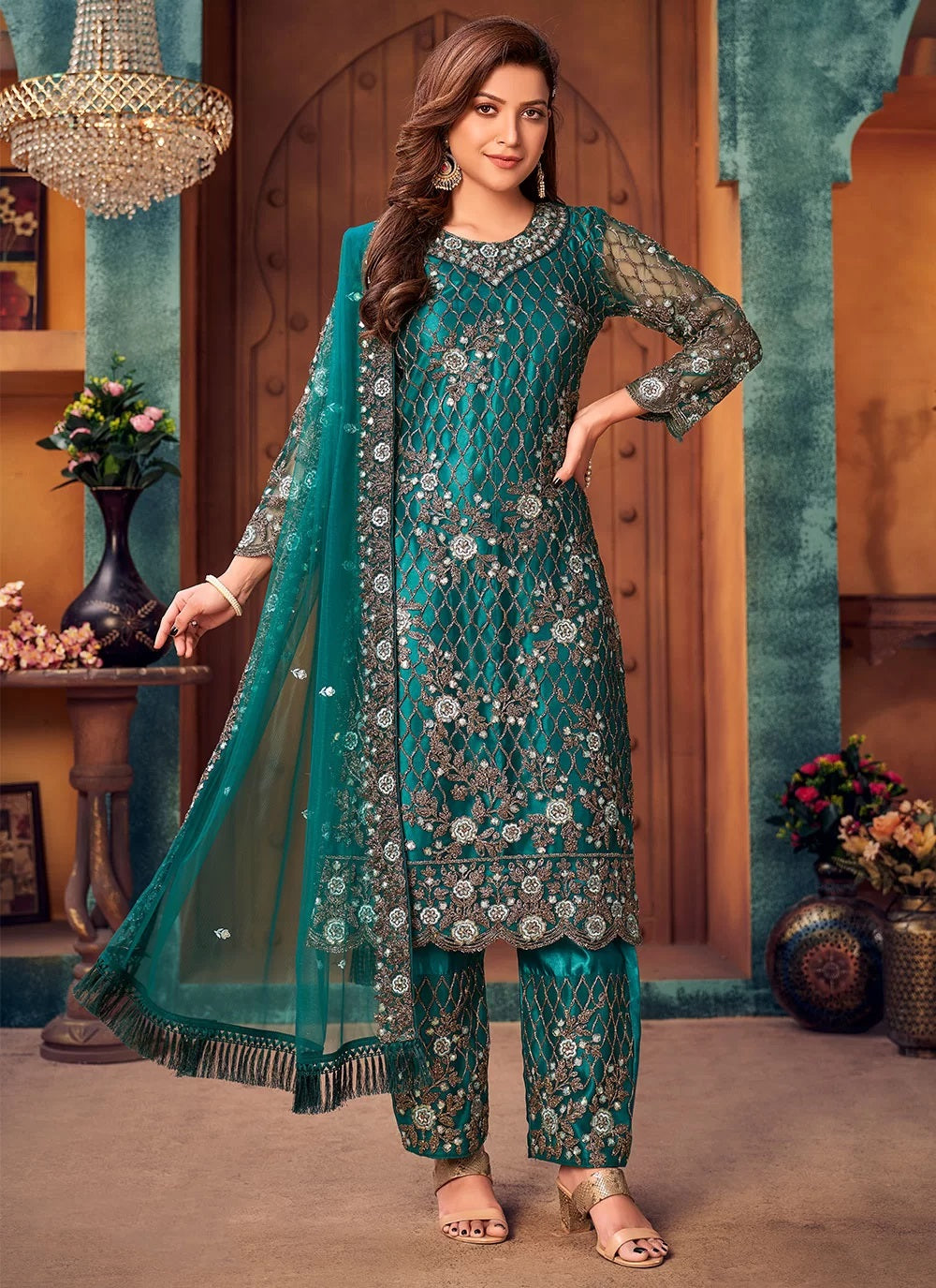 Teal Embroidered Net Indian Salwar Suit