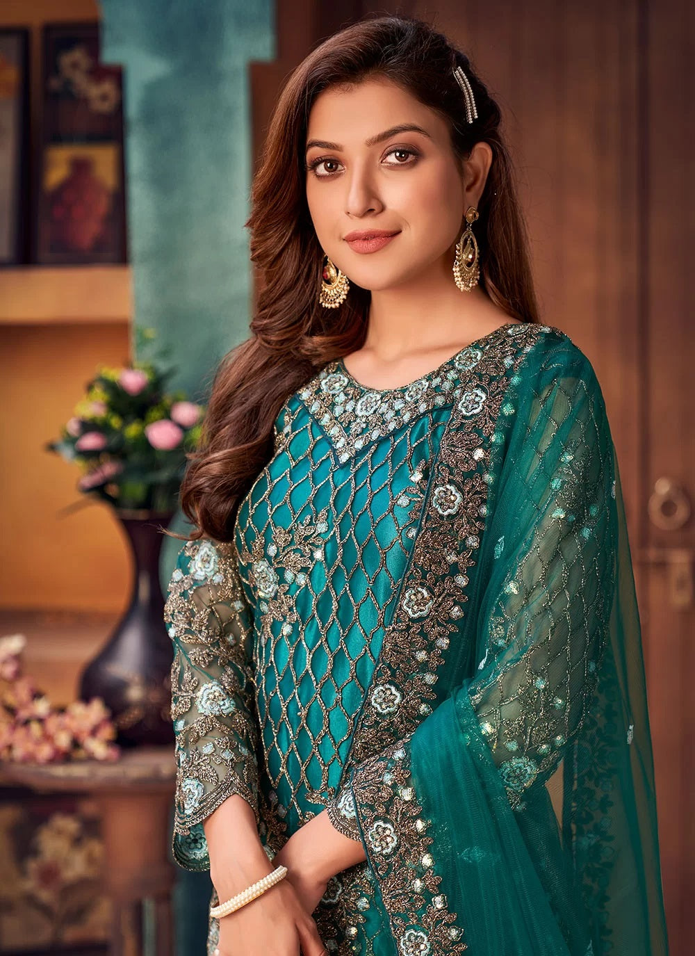 Teal Embroidered Net Indian Salwar Suit