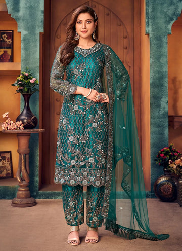 Teal Embroidered Net Indian Salwar Suit