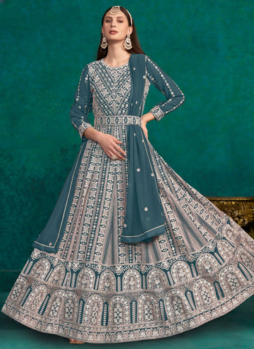 Teal Color Faux Georgette Lakhnavi embroidered Indian Anarkali Suit