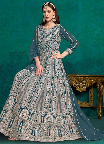 Teal Color Faux Georgette Lakhnavi embroidered Indian Anarkali Suit