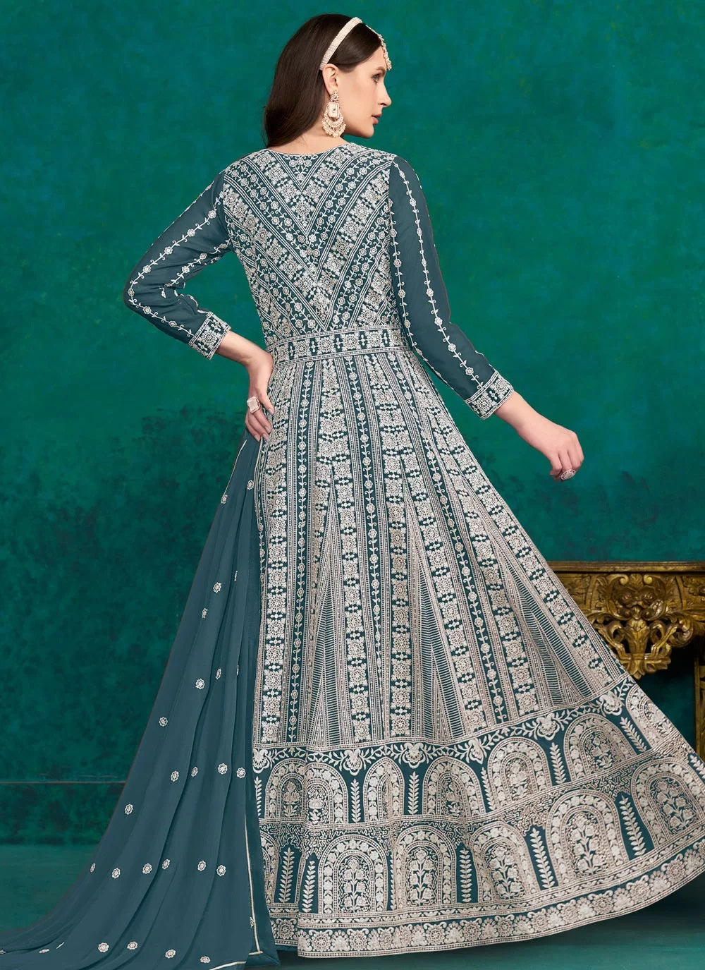 Teal Color Faux Georgette Lakhnavi embroidered Indian Anarkali Suit