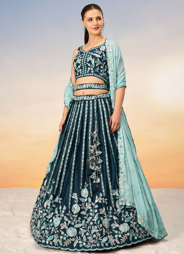 Teal Satin Party Wear Indian Lehenga with Sequins and Thread Embroidery