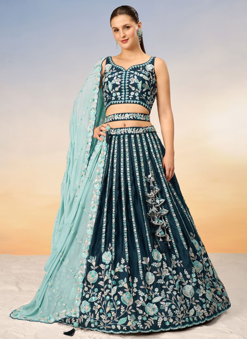 Teal Satin Party Wear Indian Lehenga with Sequins and Thread Embroidery