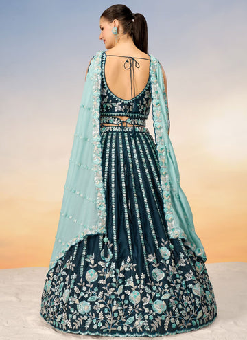 Teal Satin Party Wear Indian Lehenga with Sequins and Thread Embroidery