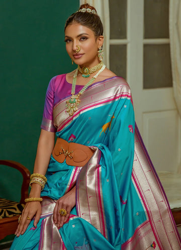 Teal Soft Paithani Silk Classic Indian Saree