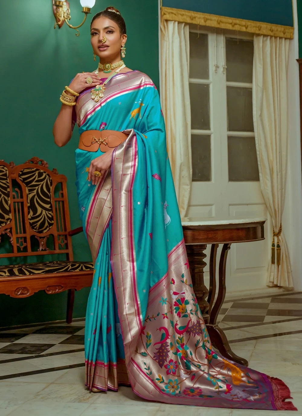 Teal Soft Paithani Silk Classic Indian Saree