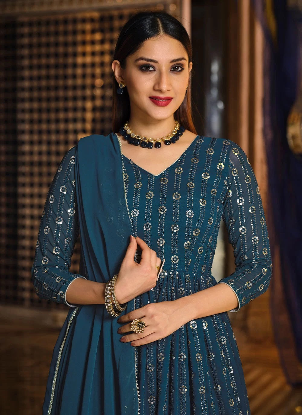 Teal Trendy Suit With Readymade Skirt 