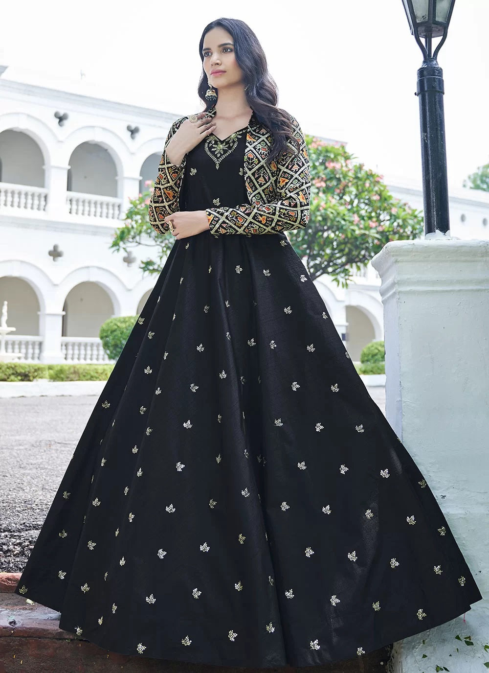 Trendy Black Embroidered Cotton Indian Gown