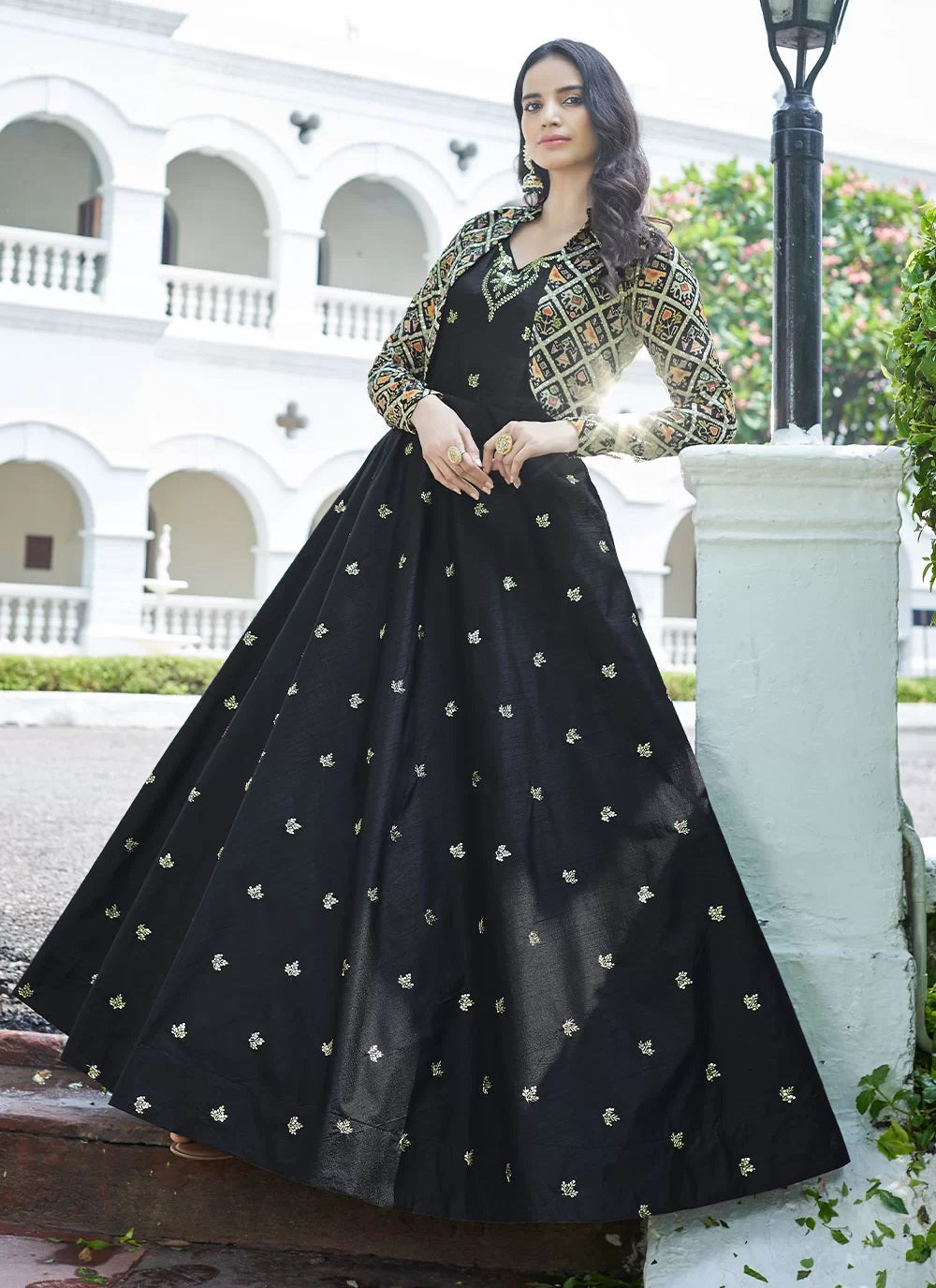 Trendy Black Embroidered Cotton Indian Gown