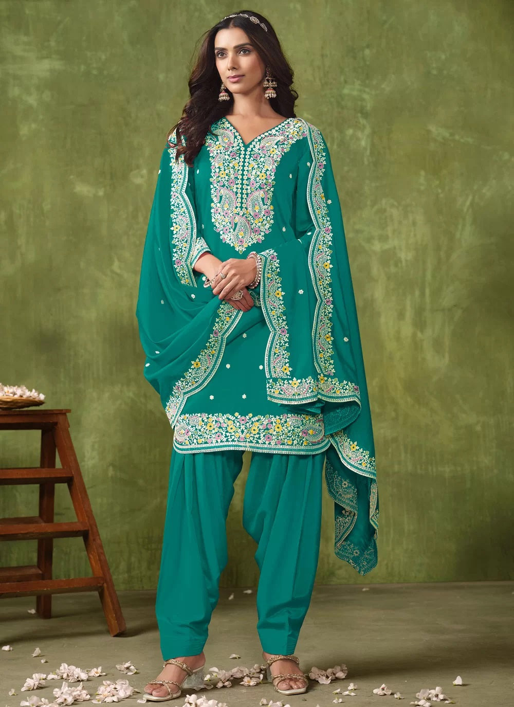 Indian Silk Patiyala Suit With Embroidery