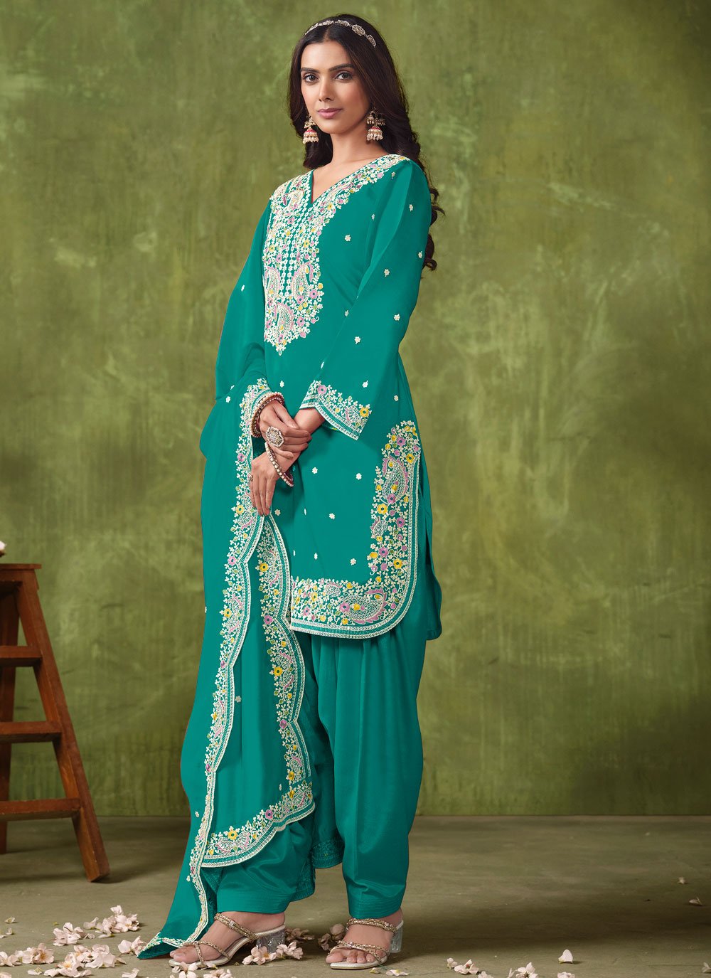 Indian Silk Patiyala Suit With Embroidery