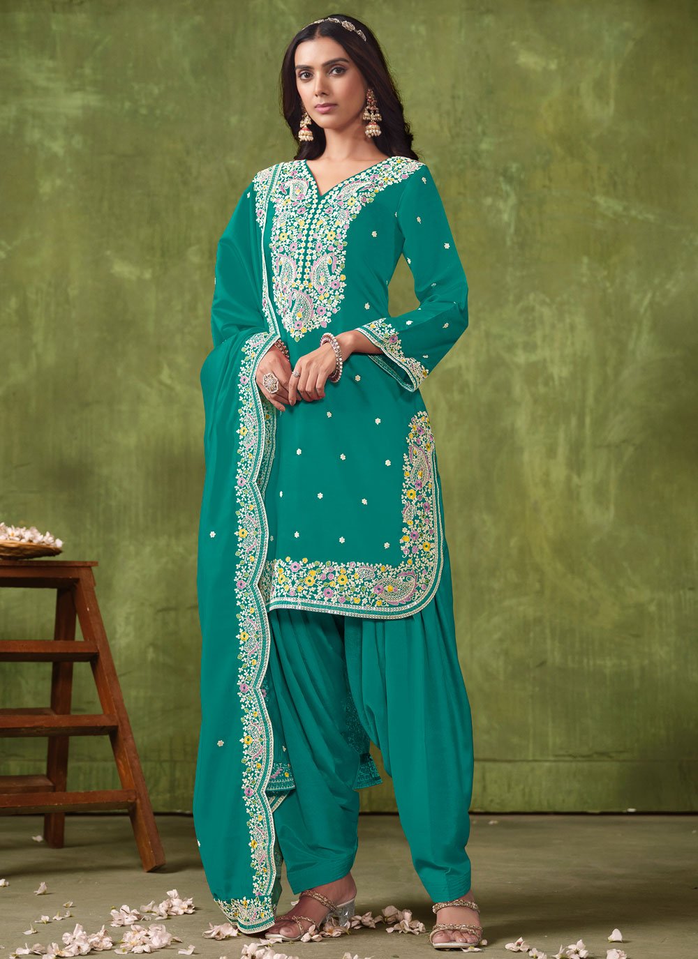 Indian Silk Patiyala Suit With Embroidery