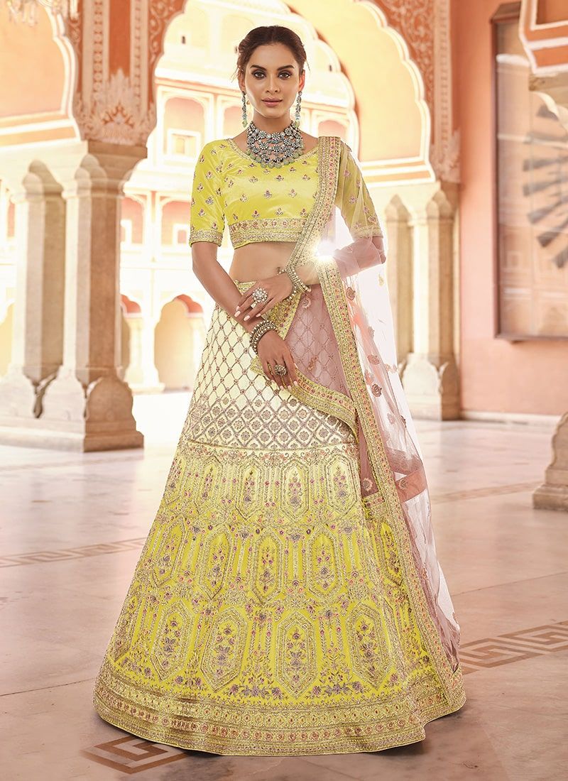 Velvet Fabric Stone And Dori Work Lehenga In Yellow Color