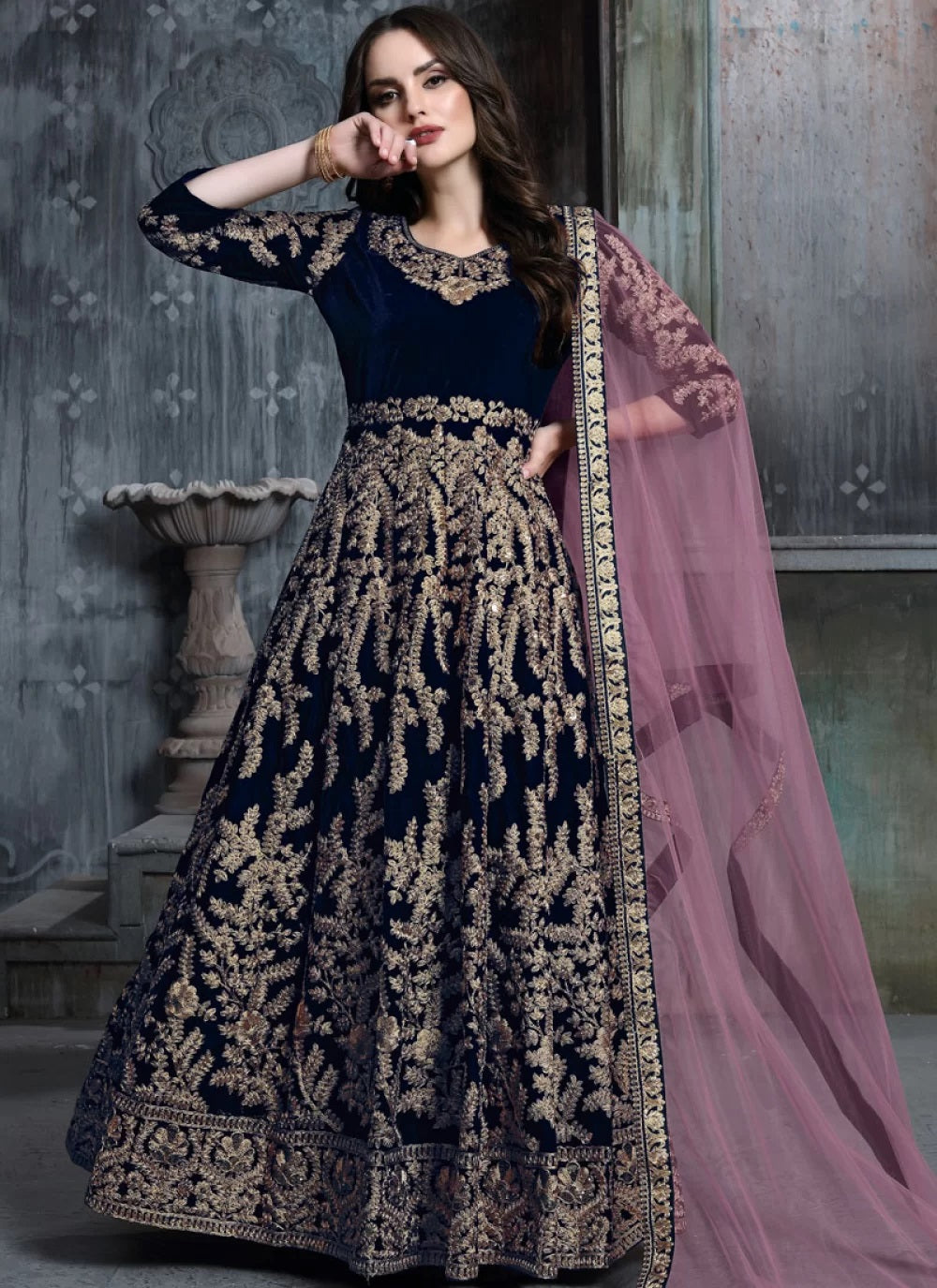 Velvet Resham Anarkali Salwar Kameez In Blue