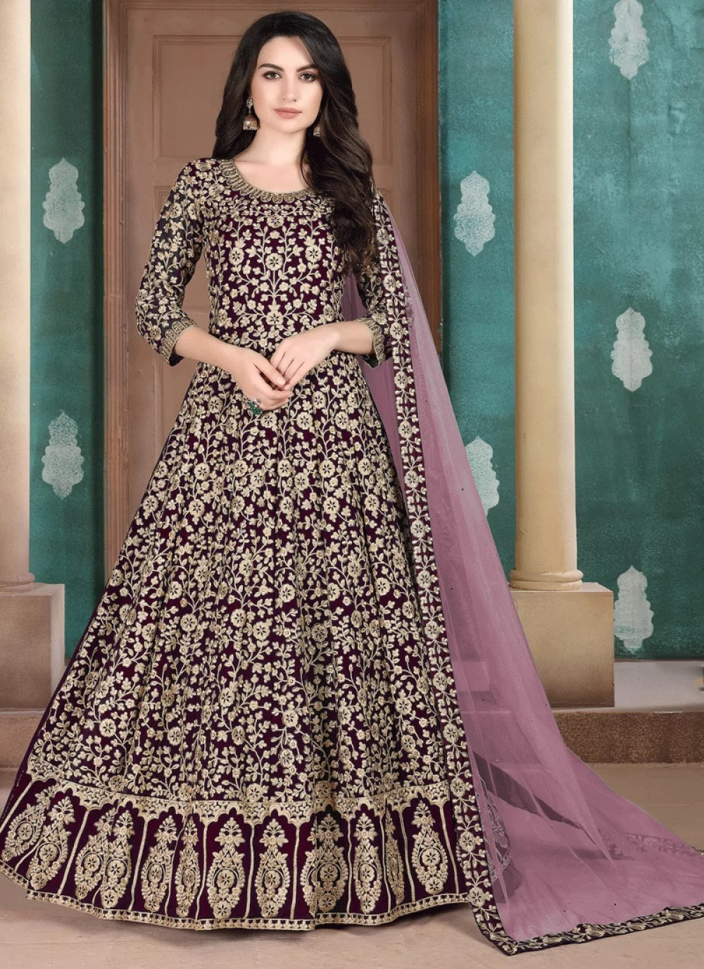 Wine Faux Georgette Trendy Anarkali Dress