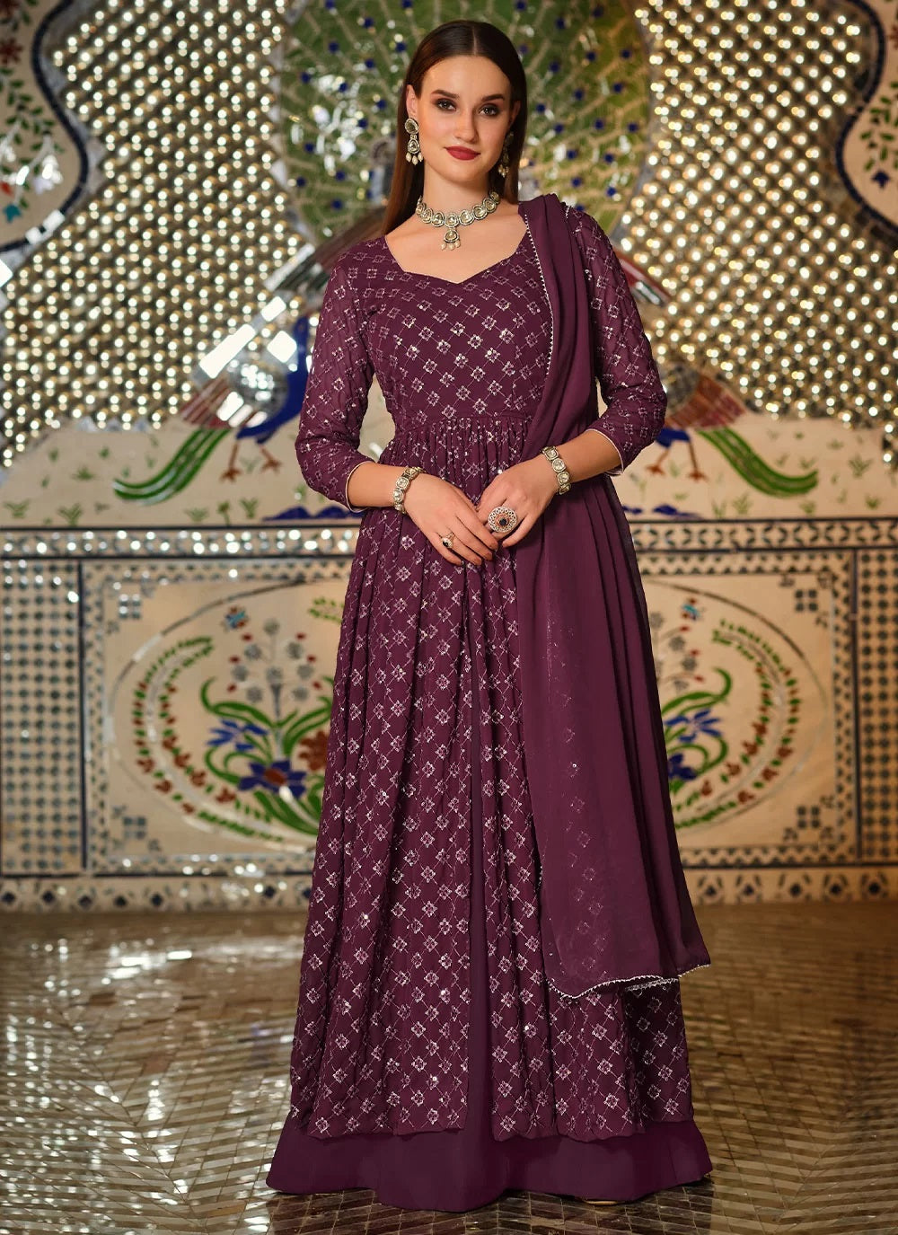 Wine Pure Georgette Ceremonial Skirt Dress